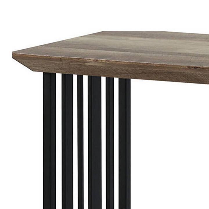 Nori 47 Inch Sofa Table, Metal Strip Base, MDF, Antique Oak Brown and Black - Benzara