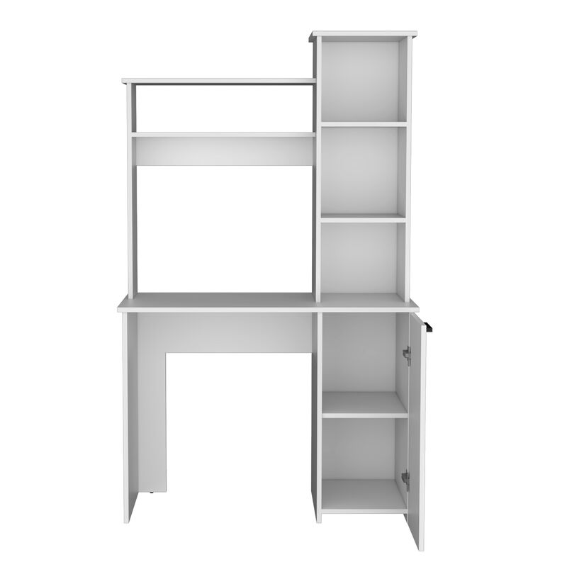 DEPOT E-SHOP Muncy Computer Desk with Ample Work Surface, Hutch Storage and Single Door Cabinet with 3-Tier Shelves, White