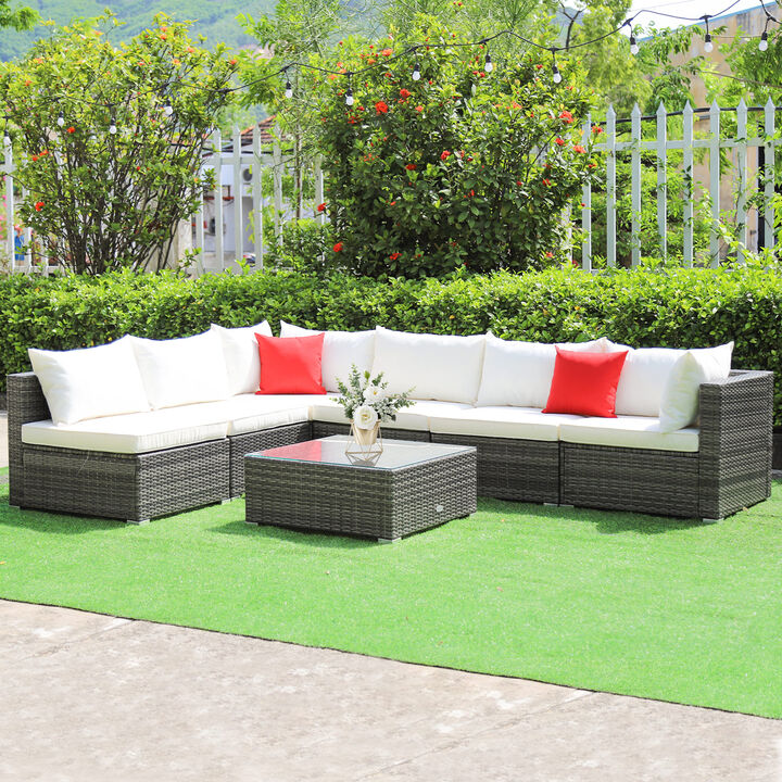7 Pieces Patio Rattan Furniture Set with Sectional Sofa Cushioned