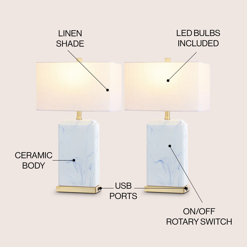Chloe Modern Coastal Iron/Marbled Ceramic LED Table Lamp with USB Charging Port