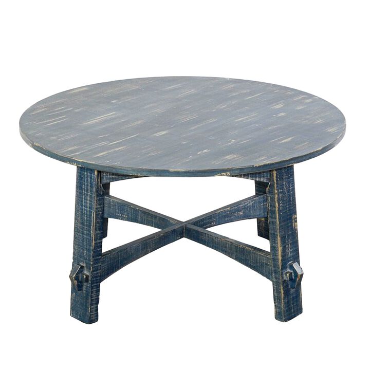 Rena Rustic Coffee Table, 36 Inch Round Top Distressed Ocean Blue Wood - Benzara
