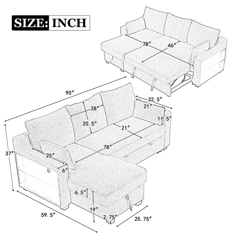 Merax Pull Out Sleeper Sofa with Storage Chaise