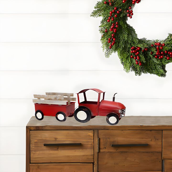Iron and Wooden Tractor with Wagon for Tabletop or Shelf Display