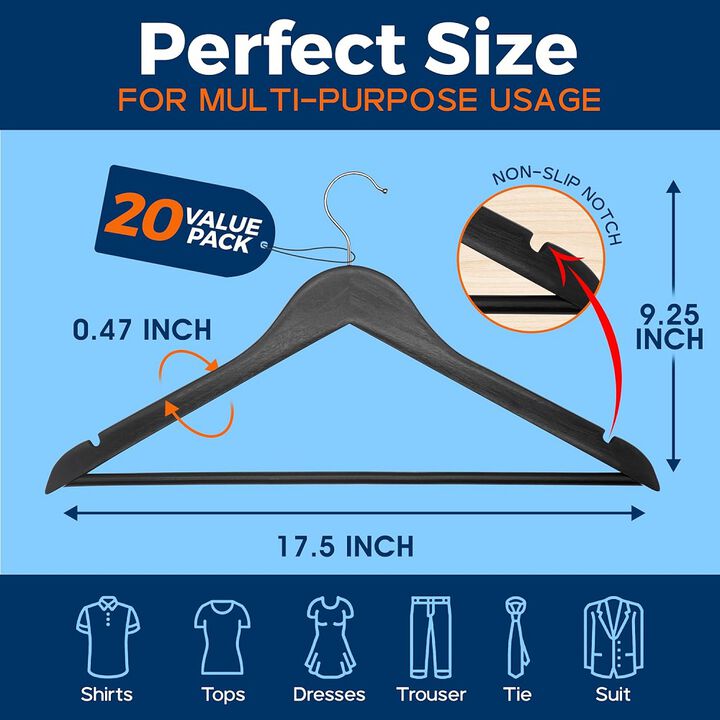 Wooden Clothes Hangers - 200 Pack, Durable, Non-Slip, Space-Saving Hangers for Dresses, Coats, and More, Holds Up to 10 lbs with 360° Swivel Hook, Black Finish