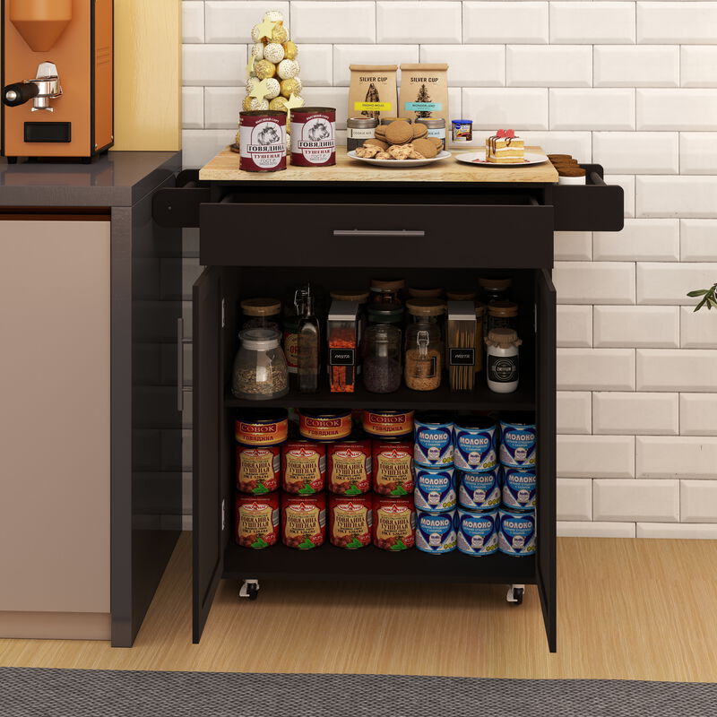 Black Wood 38.18 in. Kitchen Island with Adjustable Shelves and Towel Rack