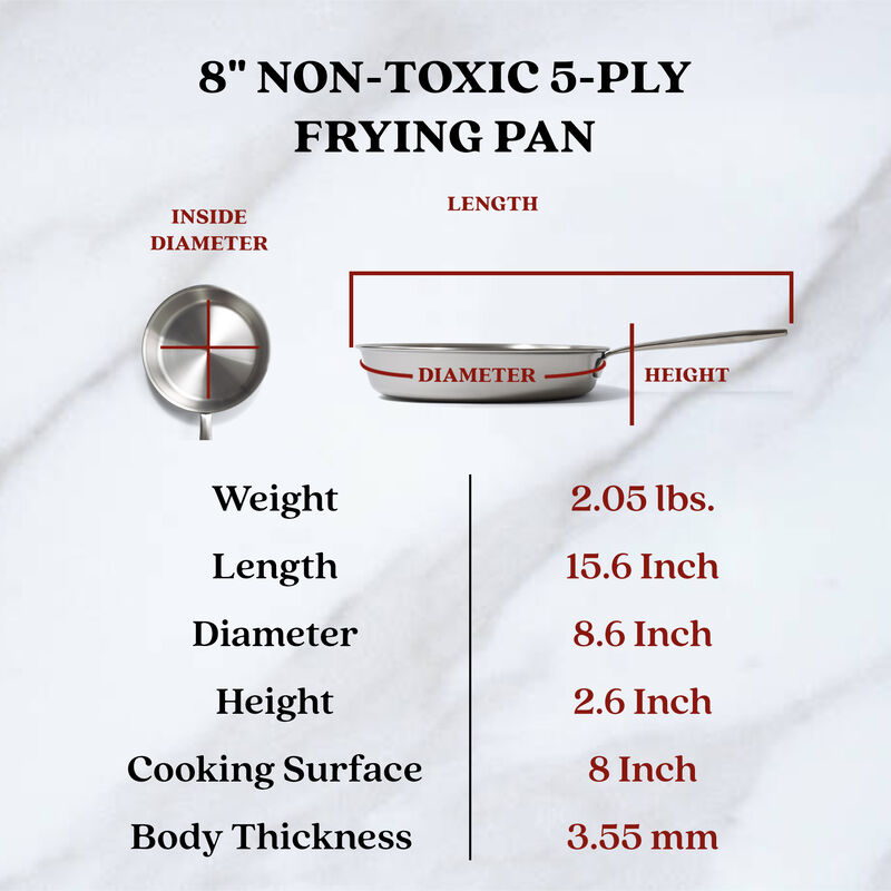 Alva Maestro 5-Ply Stainless Steel Frying Pan, Durable Induction Pan, Non Toxic Cookware, Stay Cool Handle - 8"