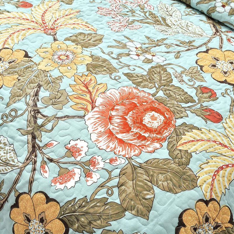 Hivvago Full/Queen 3 Piece Farmhouse Teal Blue Floral Cotton Reversible Quilt Set