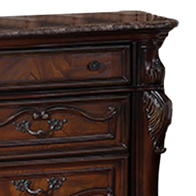 Venta Nightstand, 3 Drawers, Carved Details, Cherry Brown Solid Wood Frame
