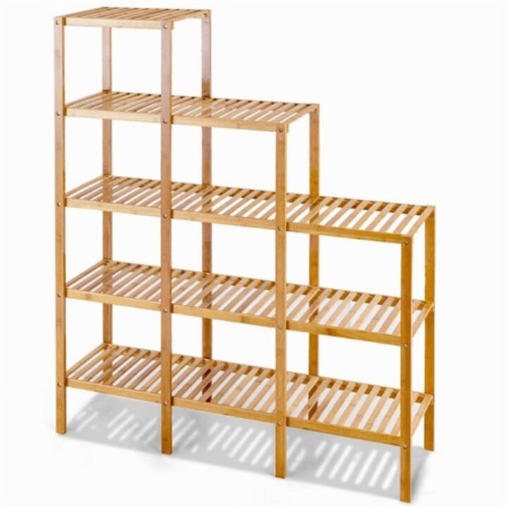Wicker Wood 5-Tier Versatile Bookcase Plant Stand Storage Rack