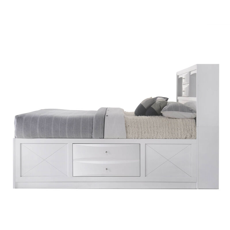 Eight Drawer Full Size Storage Bed with Bookcase Headboard, White - Benzara