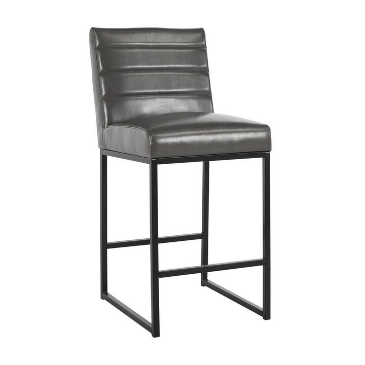 Vinn 26 Inch Modern Counter Stool, Channel Tufted, Vegan Faux Leather, Gray - Benzara