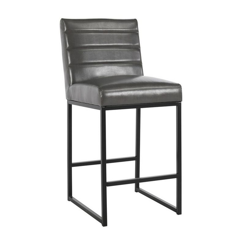 Vinn 26 Inch Modern Counter Stool, Channel Tufted, Vegan Faux Leather, Gray - Benzara