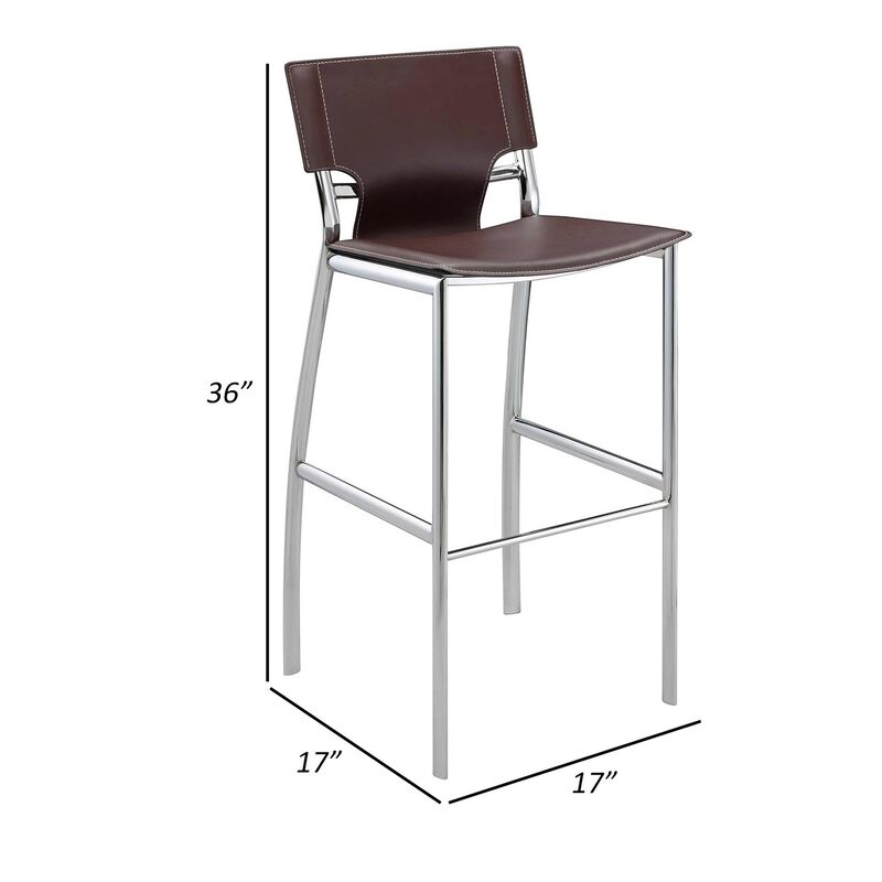 Illa 26 Inch Counter Height Chair, Set of 2, Chrome Base, Vegan Leather, Brown - Benzara