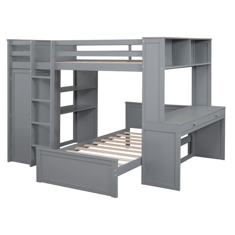 Merax Loft Bed with Storage Shelves and Wardrobe