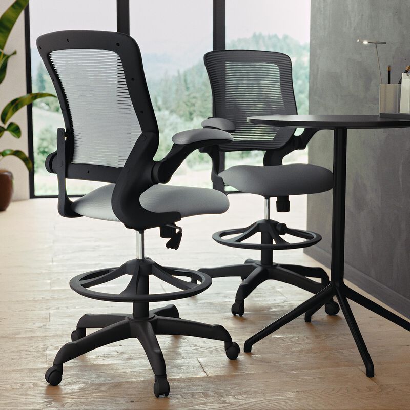 Flash Furniture Kale Mid-Back Dark Gray Mesh Ergonomic Drafting Chair | Adjustable Foot Ring, Flip-Up Arms