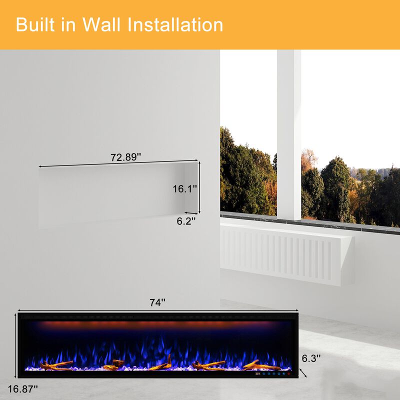 MONDAWE 74" Wall Mounted Embedded Electric Fireplace, 60Hz, 110-120 Volt, 1500W, With Overheat Protection Device