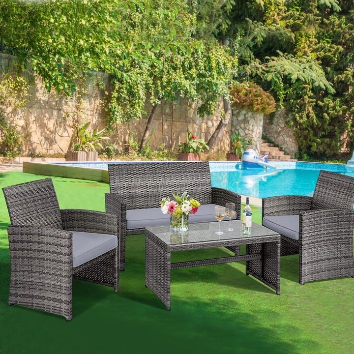 4 Pcs Patio Rattan Furniture Set Top Sofa With Glass Table