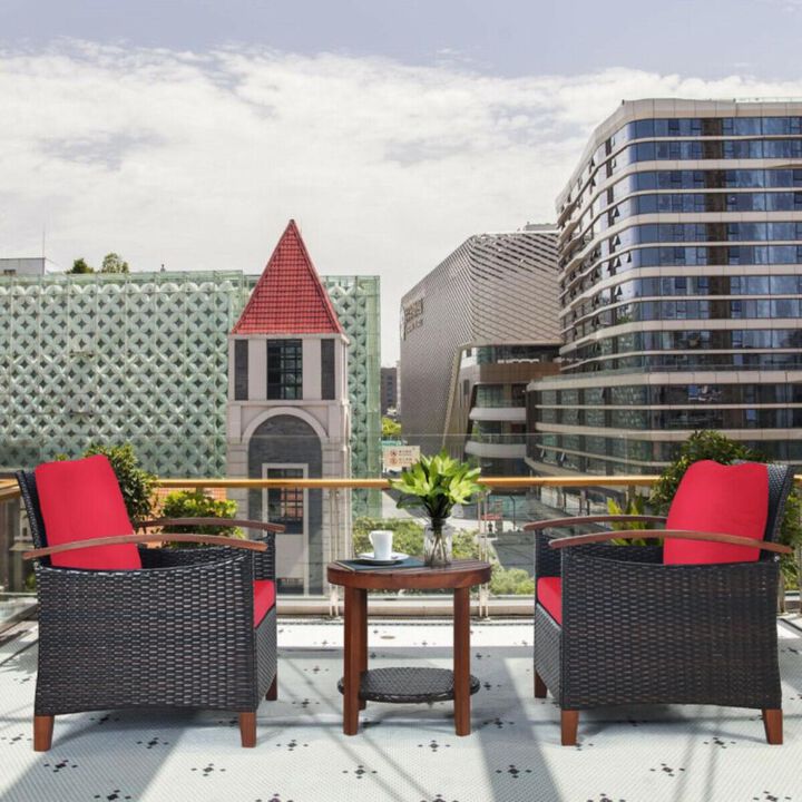 Hivvago 3 Pieces Patio Wicker Furniture Set with Washable Cushion and Acacia Wood Tabletop