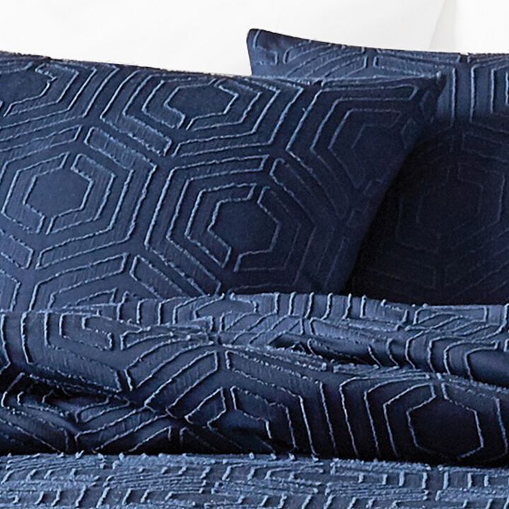 Jose 3 Piece Queen Size Comforter Set, Matching Shams, Jacquard Navy Blue - Benzara