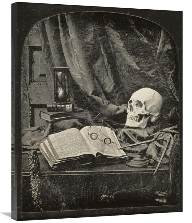 Still Life with Skull, Open Book with Glasses, and Hourglass-Canvas Art-28x35