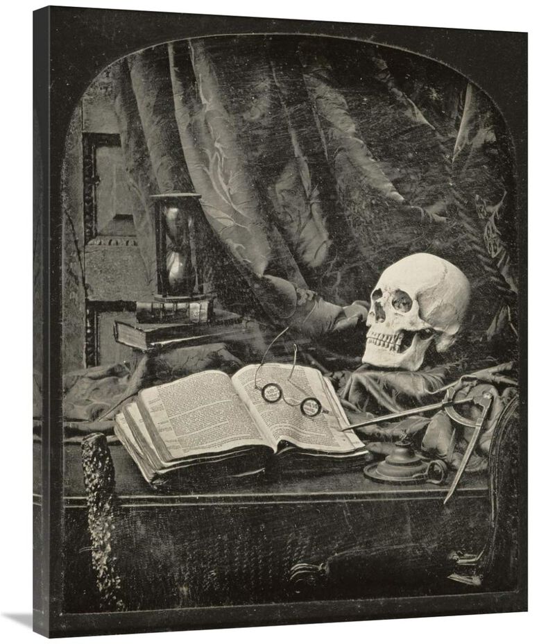 Still Life with Skull, Open Book with Glasses, and Hourglass-Canvas Art-28x35