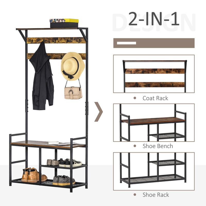 Brown/Black Organizer: Hallway Tree Bench with Hooks and Shelves
