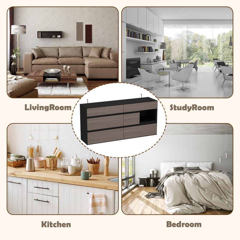 FUFU&GAGA Modern 6-Drawer Sideboard with Open Storage, Black and Rustic Wood Finish (63" W x 15.9" D x 30" H),Brown