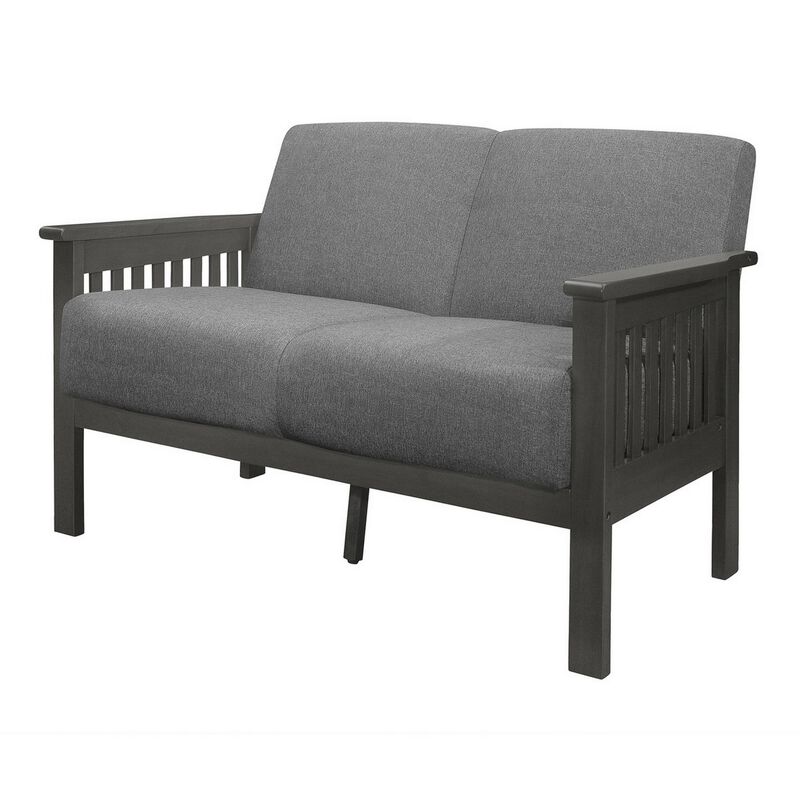 Wiston 50 Inch Loveseat, Gray Polyester, Dark Gray Solid Rubberwood - Benzara
