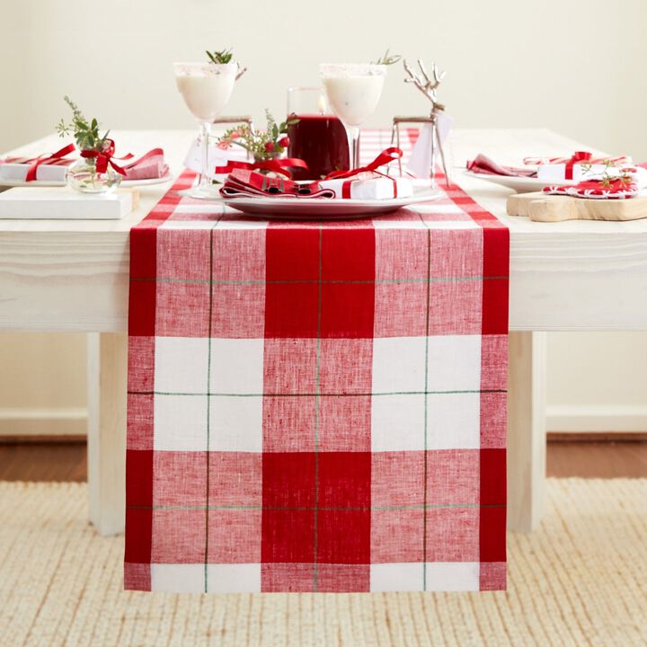 Solino Home 100% Pure Linen Table Runner 14 x 108 Inch | Very Merry Plaid