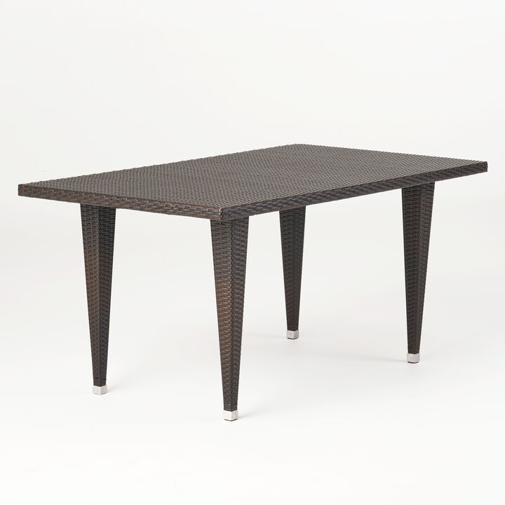 Miny Outdoor Rectangle Dining Table, 59 Inch Iron, Brown Wicker Rattan - Benzara
