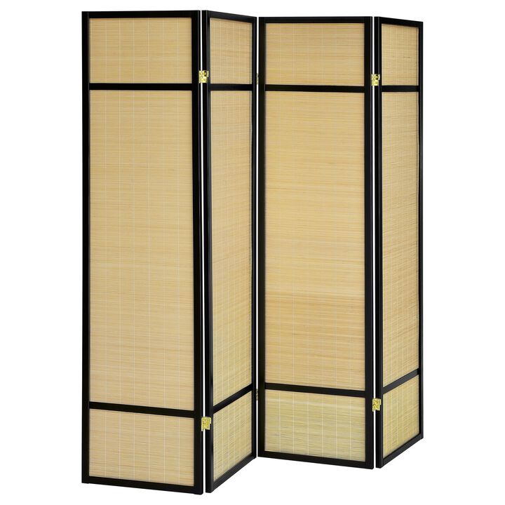 Arce 4 Panel Foldable Privacy Screen, Bamboo, Black Pine Wood Frame - Benzara