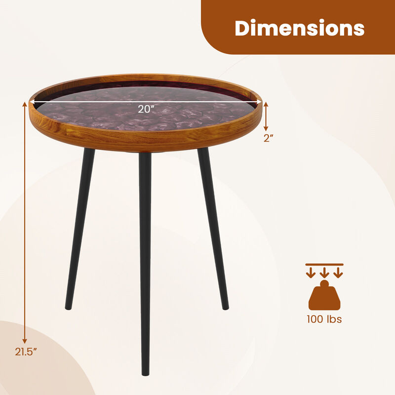 Round End Table with Sea Shell Decoration and Epoxy Resin Finish for Coastal or Beach-Inspired Living Spaces