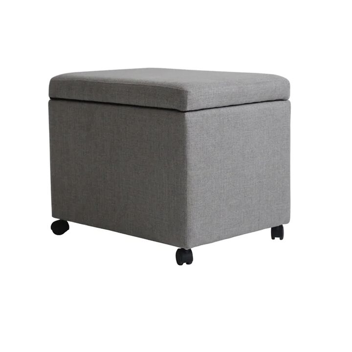 Storage Ottoman, Gray Fabric, Soft Cushions, Caster Wheels, 24 Inch - Benzara