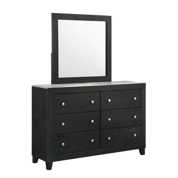 Benjara YOH 57 Inch Wide Dresser with Mirror, 6 Drawers, Round Handles, Wood, Black and Silver