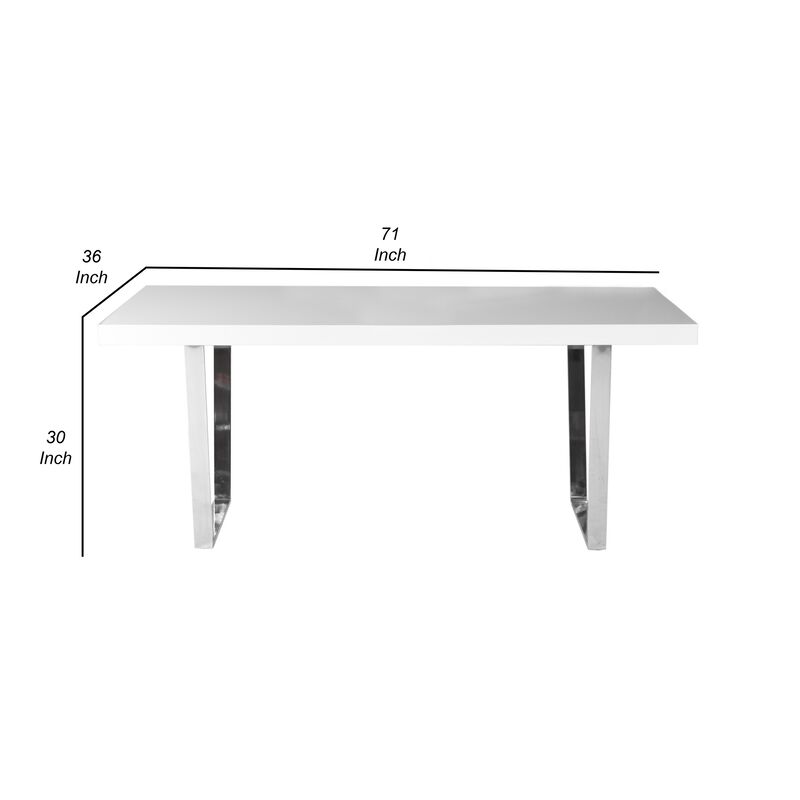 Ien 71 Inch Dining Table, Rectangular Top, Open Metal Panel, White Lacquer - Benzara