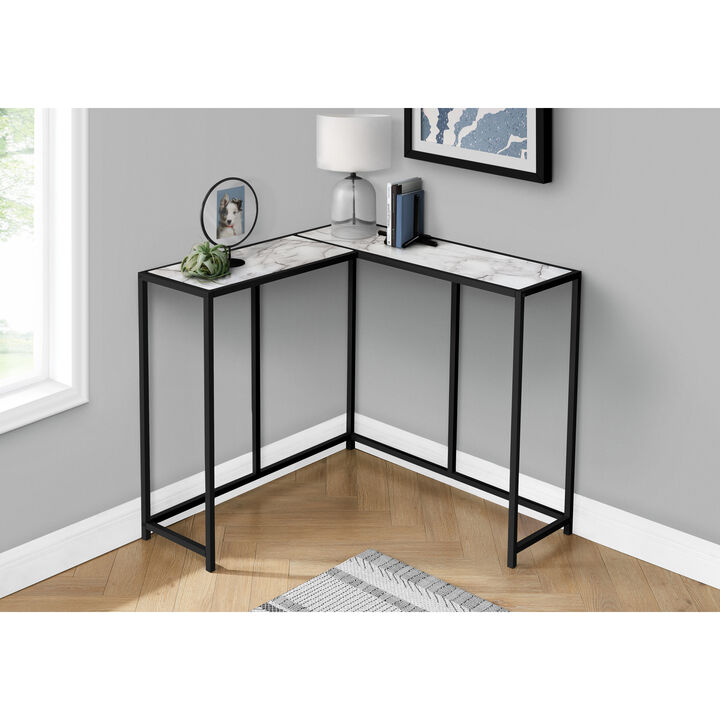 Monarch Specialties I 2159 Accent Table, Console, Entryway, Narrow, Corner, Living Room, Bedroom, Metal, Laminate, White Marble Look, Black, Contemporary, Modern