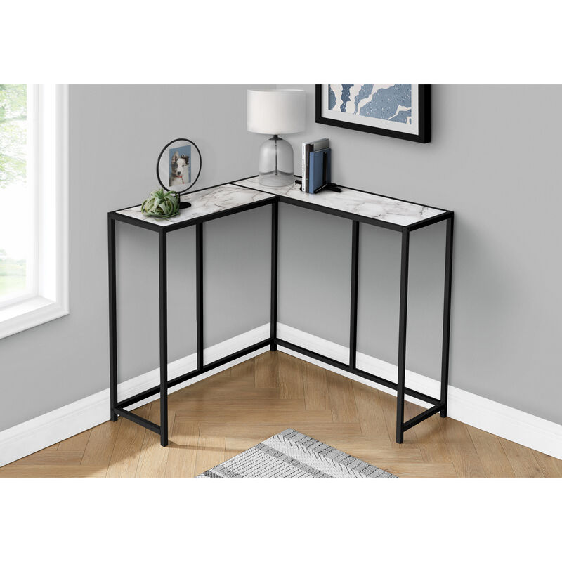 Monarch Specialties I 2159 Accent Table, Console, Entryway, Narrow, Corner, Living Room, Bedroom, Metal, Laminate, White Marble Look, Black, Contemporary, Modern