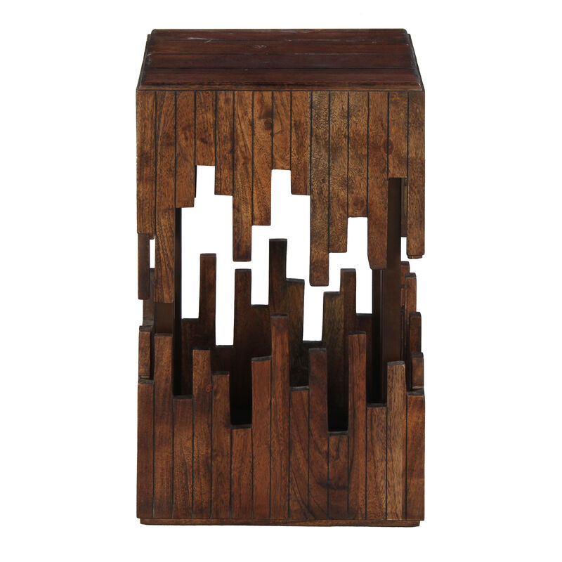 24 Inch Accent Side End Table, Brown Acacia Wood, Slatted Square Top, Handcrafted Abstract Silhouette, Black Iron - Benzara