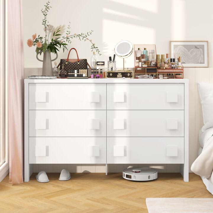 63" Double Dresser with 6 Large Drawers & Square Handles, Chest of Drawers with Slide Rails, Modern Wooden Storage Tower for Bedroom Living Room, White