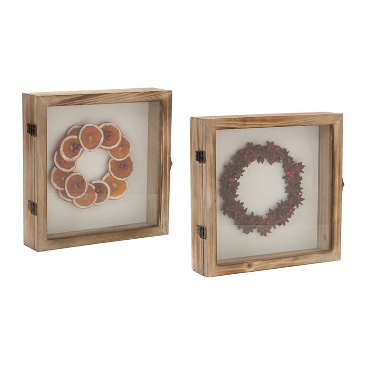 Set of 2 Fruit Wreath Shadow Boxes – Wood and Resin Wall Art for Rustic, Nature-Themed, and Farmhouse Living Rooms