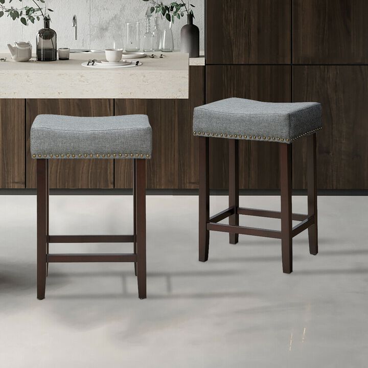 2 Pieces Nailhead Saddle Bar Stools with Fabric Seat and Wood Legs