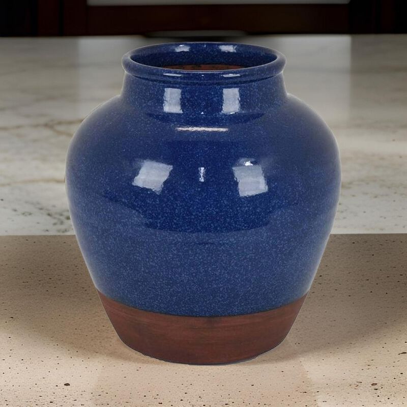 Venny 12 Inch Ceramic Flower Vase, Two Tone Antique Blue and Brown Finish - Benzara