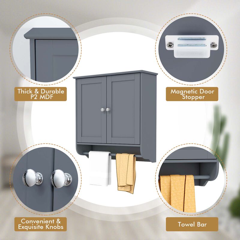 Costway Wall Mounted Bathroom Medicine Cabinet Storage Cupboard with Towel Bar Grey
