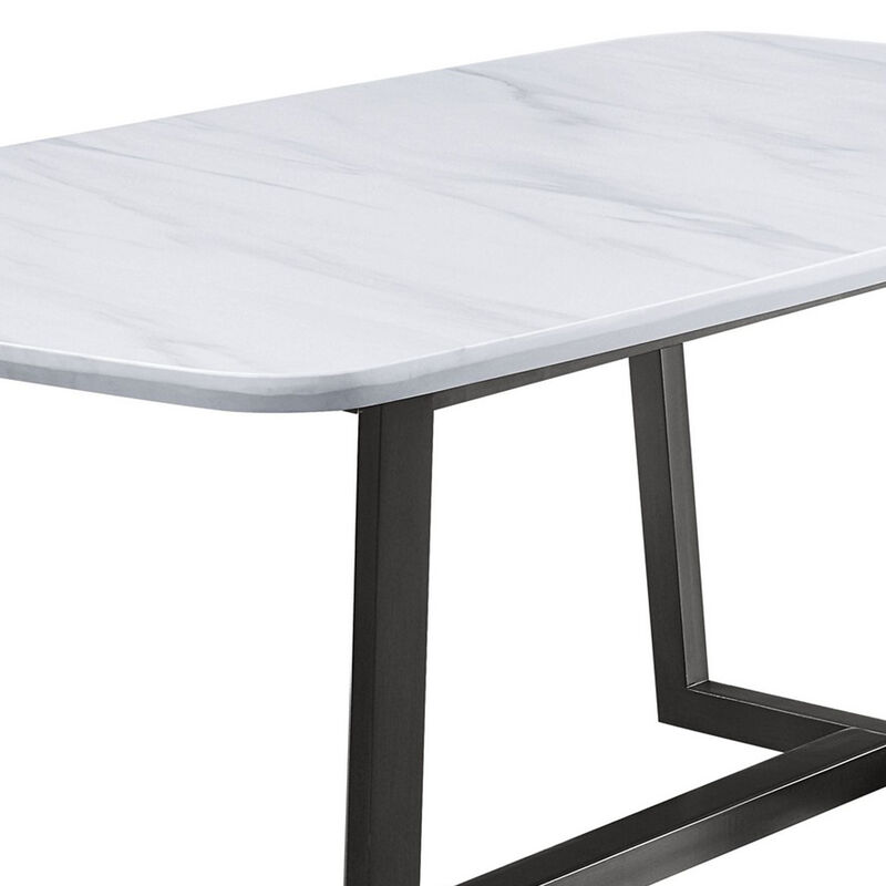 Dining Table with Marble Top and Trestle Base, Gray - Benzara