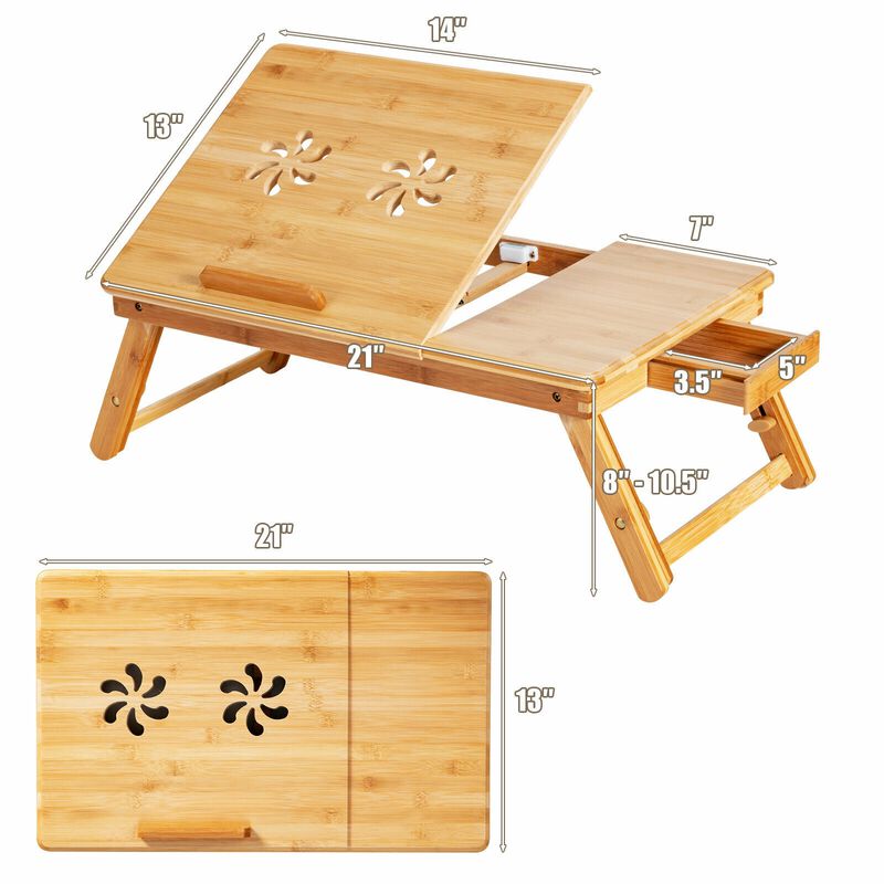 Adjustable Wicker Laptop Desk with Tilting Top and Drawer