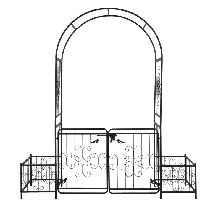 Iron Arch Arbor with Gate & Planter Frame, Outdoor Courtyard Trellis