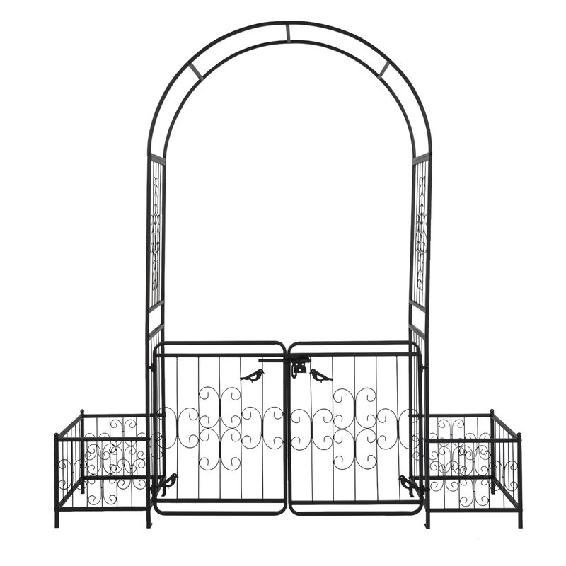 Iron Arch Arbor with Gate & Planter Frame, Outdoor Courtyard Trellis