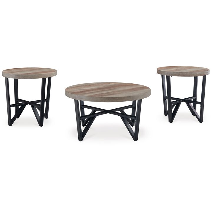 Hya 3pc Coffee and End Table Set, Brown Wood Round Top, Black Angular - Benzara
