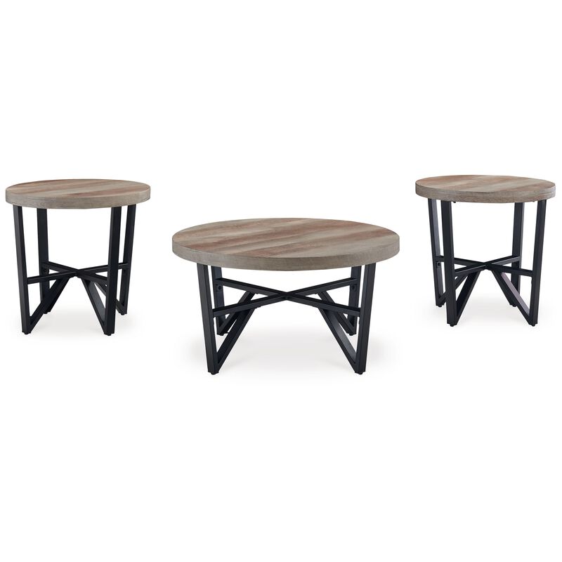 Hya 3pc Coffee and End Table Set, Brown Wood Round Top, Black Angular - Benzara