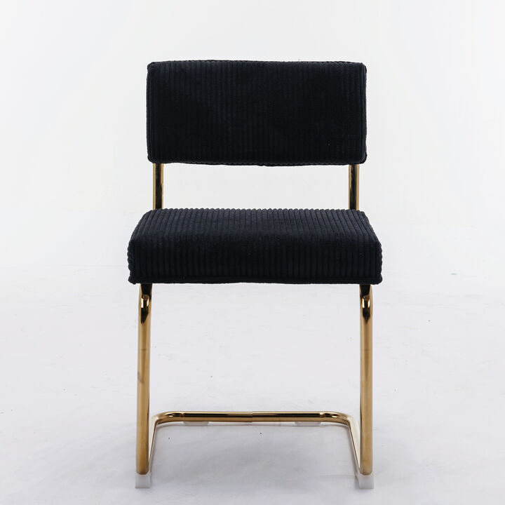 Set of 2 Modern Corduroy Dining Chairs, Gold Metal Base, Channel Tufted Armless Design